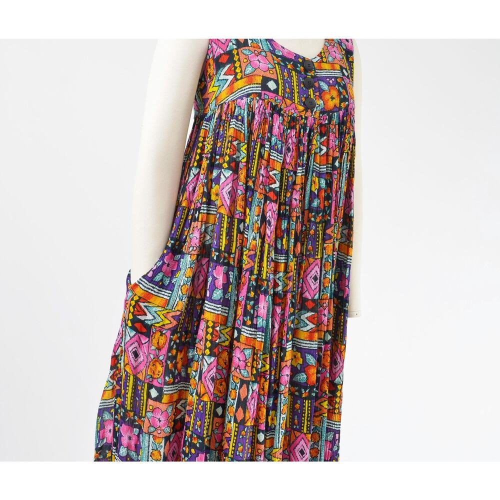 Vintage 90s Rayon Gauze Patchwork Dress Boho Artsy Mixed Print Pocket Dress S - Picture 3 of 9